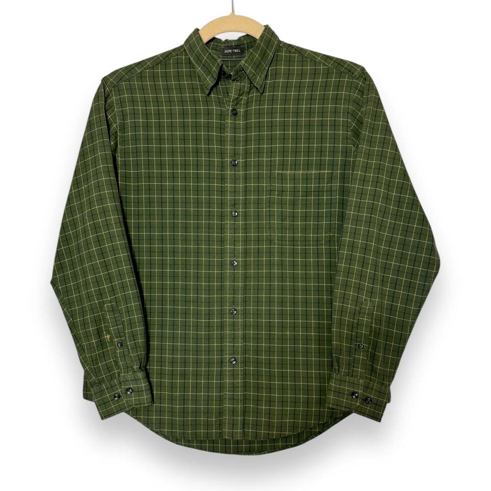 Button Down Dress Shirt Green Windowpane Cotton Men M Preppy